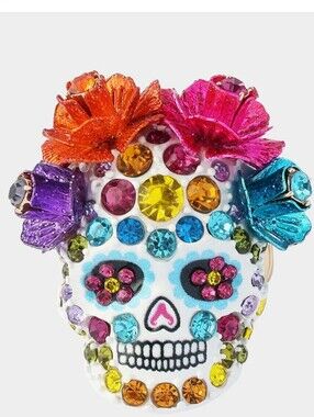 Betsey Johnson Pave Skull Floral Statement Ring NWT